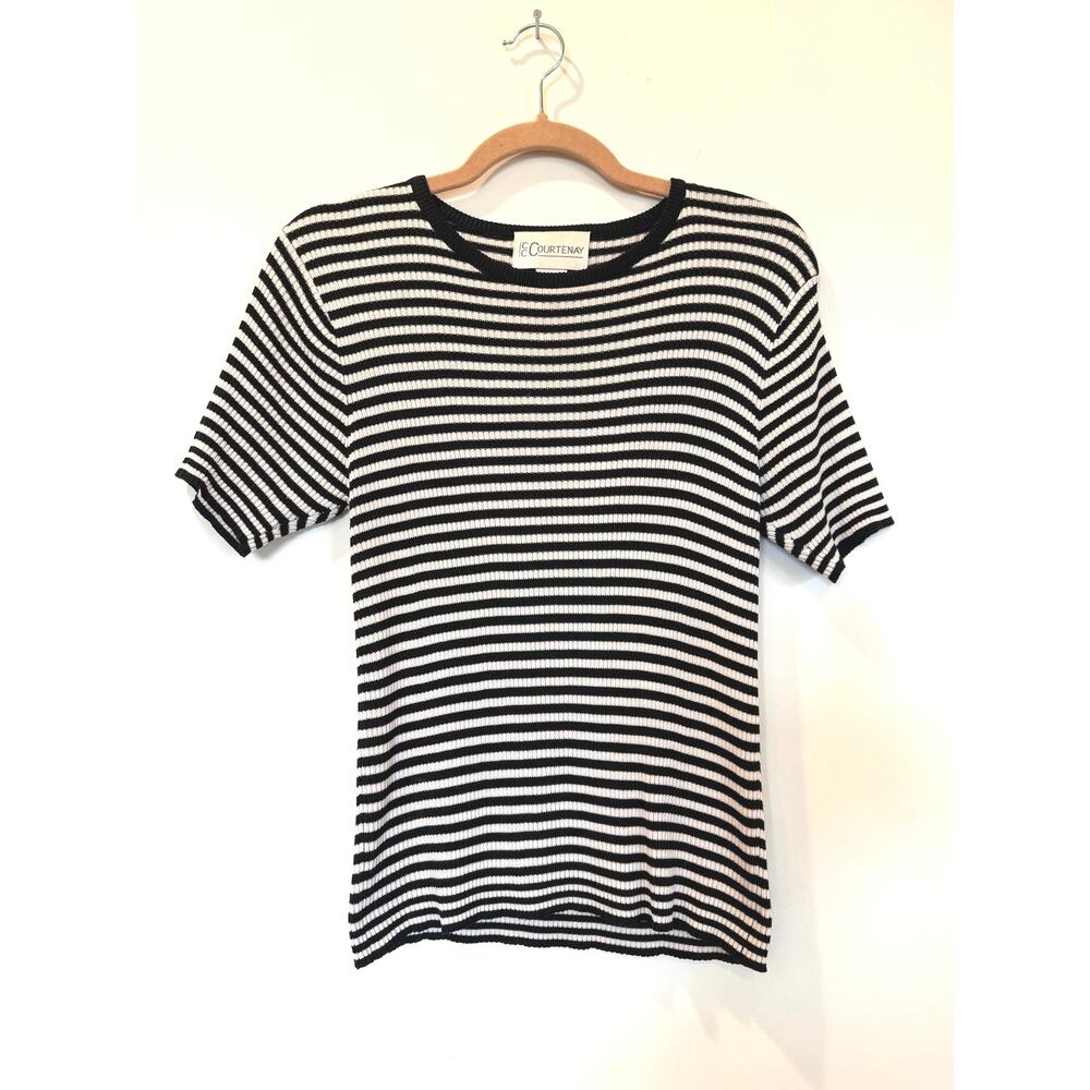 Vtg 90’s Silk Cotton Blend M Short Sleeve Striped sweater black ivory old money